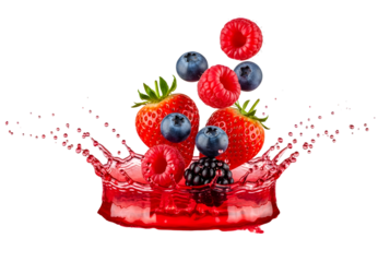 Fresh berries splashing into red juice with water droplets