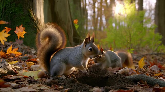 Three squirrels play in the autumn leaves, digging and exploring as sunlight filters through the trees