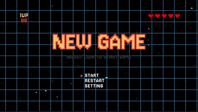 New game retro text animation. Retro game pixel 8 bit. Video game grid background 4K resolution