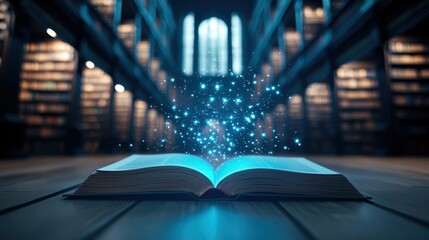 Magical book glowing as pages turn on their own in a hidden library