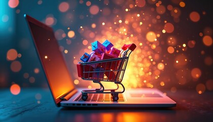 Mini shopping cart filled with colorful gift boxes sits on laptop. Bright bokeh lights create festive atmosphere. Image online retail, digital commerce, holiday sales. Represents convenient internet