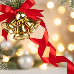 Golden Christmas Bells with Red Ribbon Bow Hanging Decoration Festive Holiday Jingle Bells Warm Bokeh Lights Traditional Christmas Ornament Seasonal Celebration Decor Design