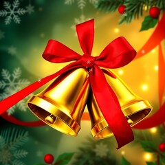 Golden Christmas Bells with Red Ribbon Bow Hanging Decoration Festive Holiday Jingle Bells Warm Bokeh Lights Traditional Christmas Ornament Seasonal Celebration Decor Design