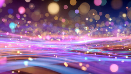 A vibrant abstract digital artwork featuring flowing multicolored light neon waves in bright