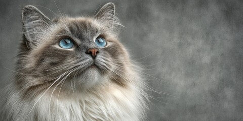 Charming Ragdoll Cat Portrait with Striking Blue Eyes and Endearing Expression on Gray Background