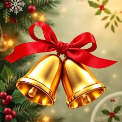 Golden Christmas Bells with Red Ribbon Bow Hanging Decoration Festive Holiday Jingle Bells Warm Bokeh Lights Traditional Christmas Ornament Seasonal Celebration Decor Design