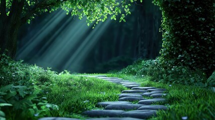 Sunbeam glowing on a magical path leading to a distant temple