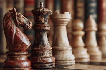 Fototapeta premium Classic stained wood chess set on board high resolution image