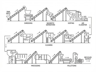 Diagram illustrating a recycling process, showing stages from raw input to recycled output.