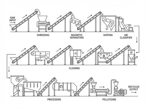 Diagram illustrating a recycling process, showing stages from raw input to recycled output.