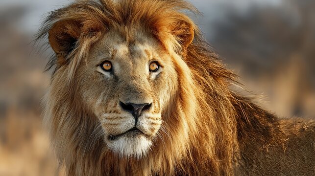 Majestic male lion with golden mane in natural savanna habitat, close-up portrait showing intense gaze and distinctive facial features in warm sunlight.
