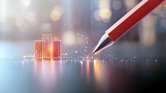 A close-up, low-angle shot of a red pencil tip hovering over a reflective surface, with a glowing 3D bar chart to the left. The background is blurred with bokeh - Powered by Adobe