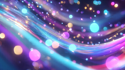 A vibrant abstract digital artwork featuring flowing multicolored light neon waves in bright