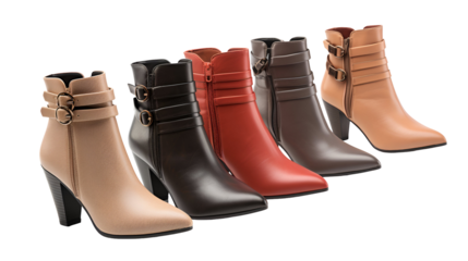 Leather high heel boots mockup presents five colors on transparent background for product staging, web design, or branding.