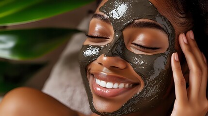 Young African American woman enjoying spa treatment with clay facial mask, smiling with eyes closed during skincare routine.