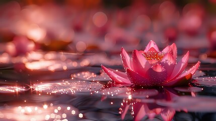 Vibrant pink lotus flower blooming on water surface with magical bokeh light effect creating serene atmosphere for wellness and meditation practices.