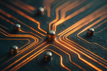 Glowing circuit connections on dark electronic board with metallic nodes, futuristic technology concept with illuminated pathways and abstract design