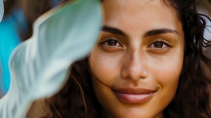 Young woman with natural beauty smiling behind a blurred leaf in foreground, creating a soft tropical atmosphere for wellness, skincare, or lifestyle content.