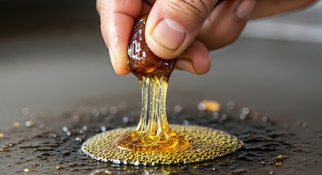 Ultra-sharp macro of a Bahraini elder's thumb pressing fresh date syrup onto a hot griddle to make Khalas halwa. Capturing the moment sticky, golden threads stretch.