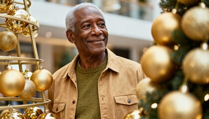 Happy senior African American man shopping for Christmas decorations. Elderly black male smiling in a store with golden holiday ornaments. Festive winter season concept