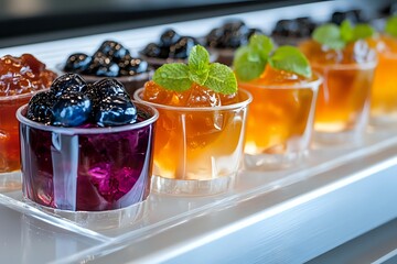 Colorful assortment of fruit jelly desserts in small glass cups garnished with fresh berries and mint leaves on display tray.