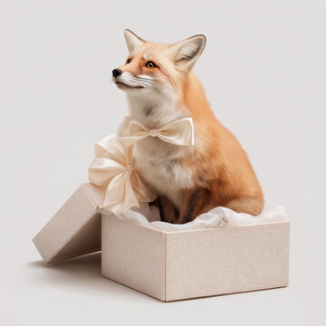 Red fox sits inside a gift box in a studio. Satin ribbons and tissue paper create a playful gift theme.