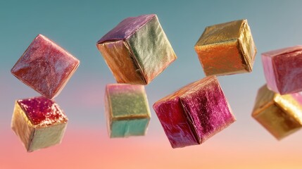 Metallic gift boxes floating mid-air in festive celebration burst