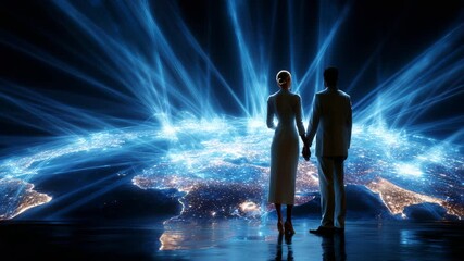 A couple stands hand in hand, gazing at a captivating view of a digitally enhanced Earth illuminated by glowing connections, symbolizing unity and technology's reach into the cosmos. - Powered by Adobe