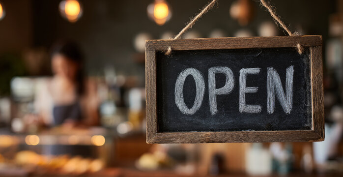 Open sign on blackboard with inviting warm lighting and blurred background