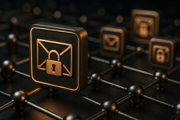 Encrypted email security concept with metallic lock icon on dark network grid, symbolizing data protection and secure communication in digital environment