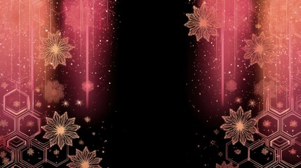 Elegant floral design with sparkling elements and geometric patterns in soft pink and gold against a dark backdrop for festive celebrations or special occasions
