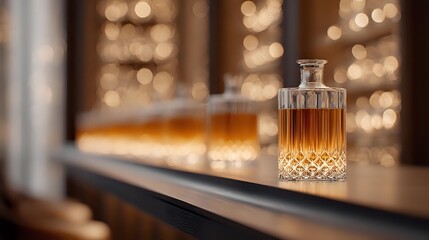 Crystal decanter with amber whiskey on bar counter against blurred bokeh lights background, creating luxurious atmosphere for premium spirits presentation.