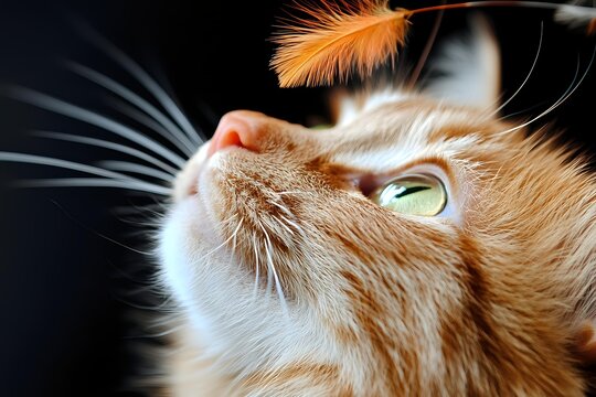 Close-up portrait of ginger cat with green eyes looking up at orange feather against black background, showcasing feline curiosity and hunting instinct.