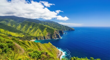 Coastal cliffs overlooking a vibrant blue sea and green hills beneath a bright sky