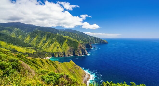 Coastal cliffs overlooking a vibrant blue sea and green hills beneath a bright sky