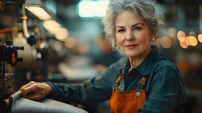Confident senior woman with gray hair wearing denim shirt and orange apron in workshop with blurred lights background, representing skilled craftsmanship.