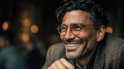 Middle-aged man with gray curly hair and round glasses smiling warmly in tweed jacket against blurred evening background. Conveys confidence and approachability.