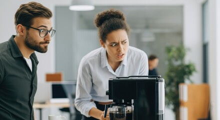 Two coworkers inspect a coffee machine in a modern, busy office setting