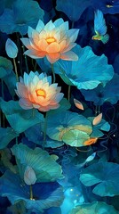 Glowing watercolor lotus flowers floating in dreamy night pond with magical light for inspirational wellness, Ethereal watercolor lotus blossoms glowing over quiet night pond with delicate foliage