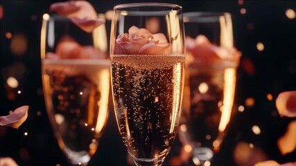 A romantic celebration with champagne and rose petals, symbolizing love, joy, and prosperity at a wedding or event. - Powered by Adobe