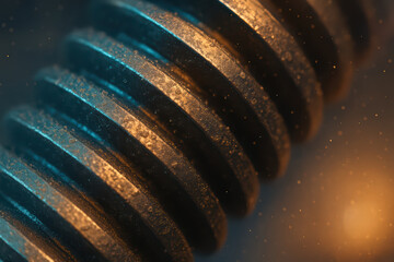 Rusty metal bolt close up with detailed texture and warm lighting, showing industrial hardware in macro perspective with shallow depth of field and dust particles floating around