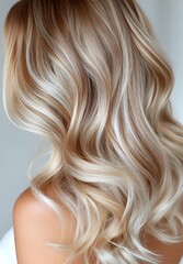 Naklejka premium Luxurious blonde balayage hair with soft waves showcasing dimensional highlights and lowlights against neutral background for beauty and salon advertising.
