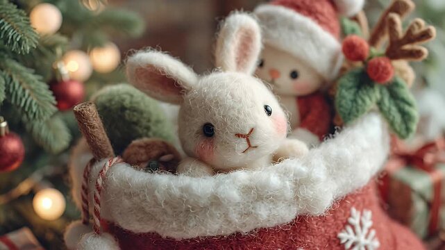 Festive Plush Friends in a Cozy Holiday Stocking with Cheerful Decorations - Powered by Adobe