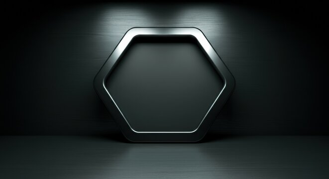 Hexagonal illuminated frame shines against a dark studio wall for modern branding
