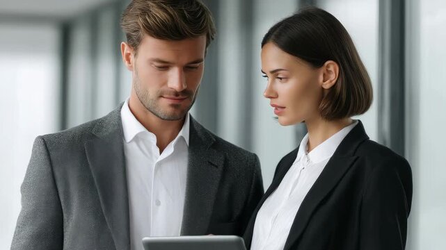 A young woman and a man looking at a tablet with serious expressions, indicating professional collaboration and analysis of information.