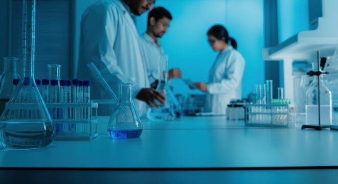 Scientists in a modern, well-equipped laboratory collaborate on experiments