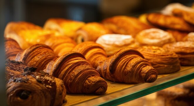 Croissants and pastries line a glass display in warm bakery lighting creating appetizing mood