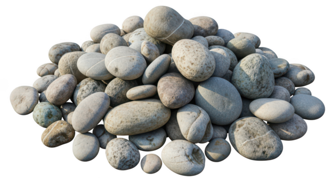 Pile of smooth, rounded river stones isolated on transparent background