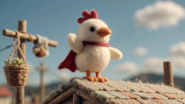 Adventurous Felt Chicken Hero on a Rooftop in a Scenic Setting with Dramatic Clouds