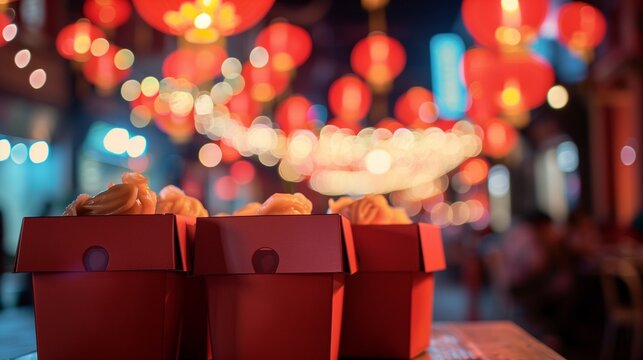 Multiple chinese takeout boxes on table, background of red lantern festival, vibrant festive night.